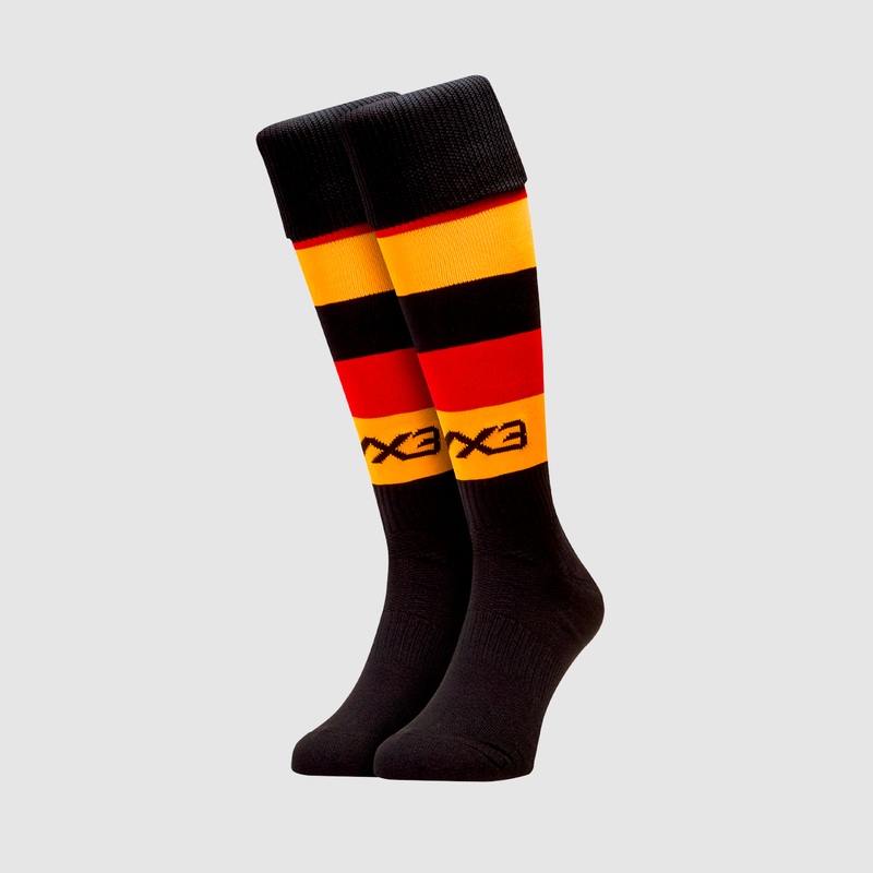 Adults Hooped Playing Socks Black/Red/Amber